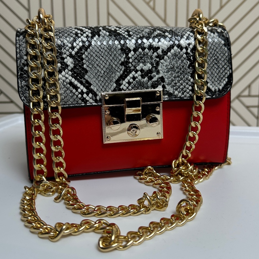 Bag - Red/Black & White Snake Skin/Gold Chain